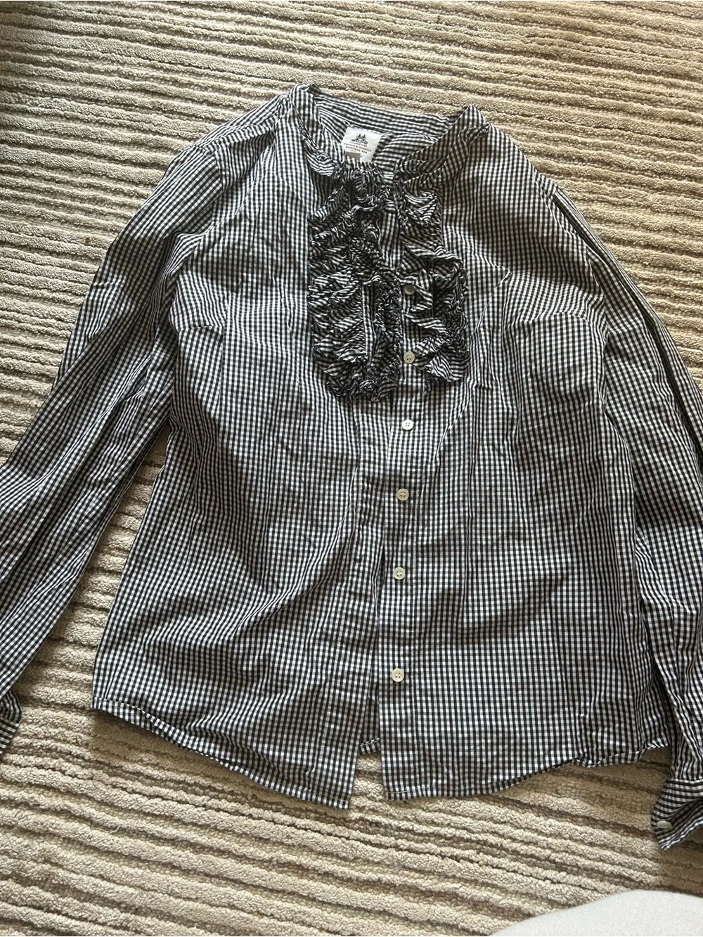 J. Crew Thomas Mason Black and White Gingham Ruffle-Front Blouse